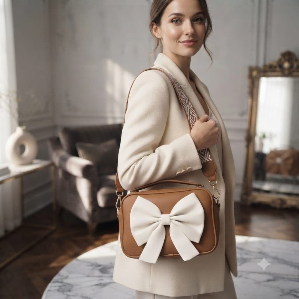 Chic Big Bow Crossbody Bag – Designer PU Leather Handbag with Patterned Strap