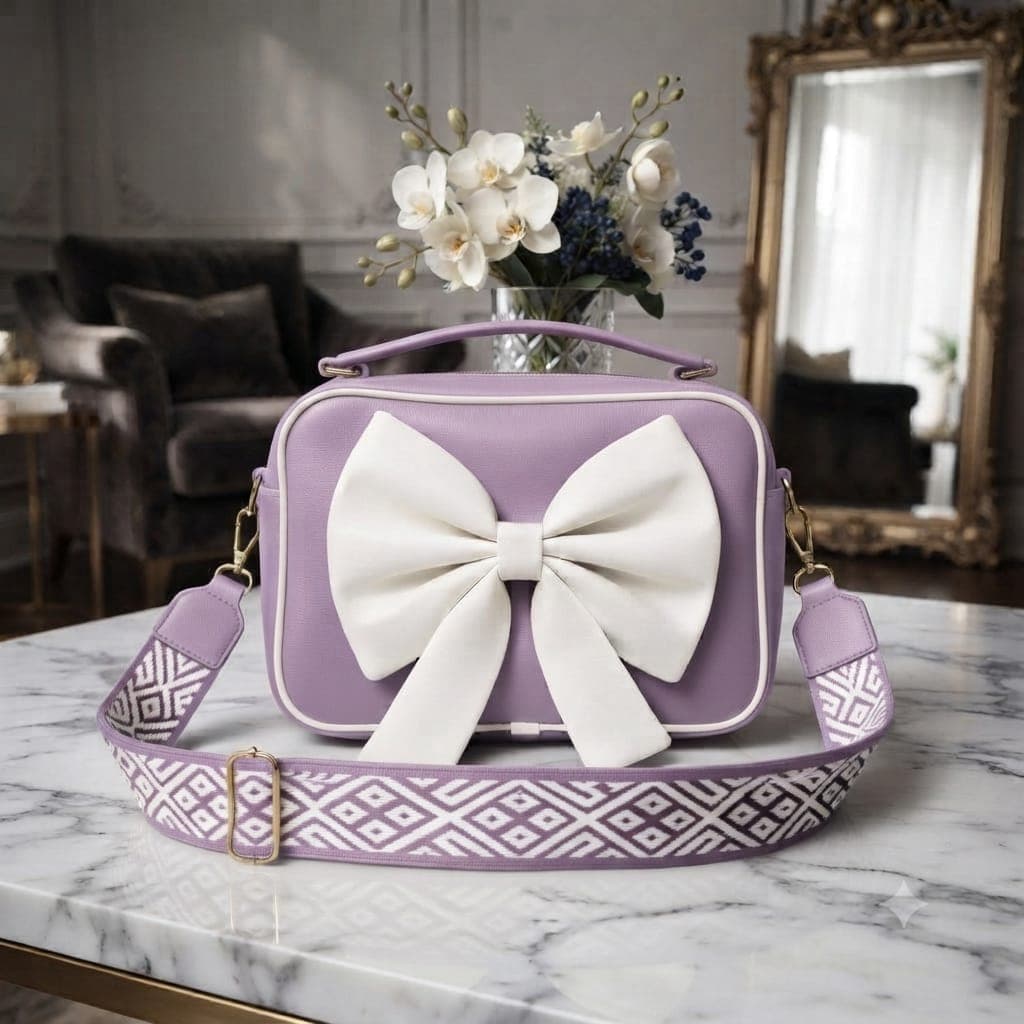 Chic Big Bow Crossbody Bag – Designer PU Leather Handbag with Patterned Strap