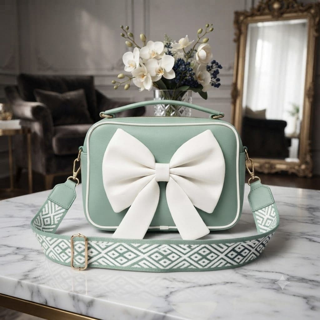 Chic Big Bow Crossbody Bag – Designer PU Leather Handbag with Patterned Strap