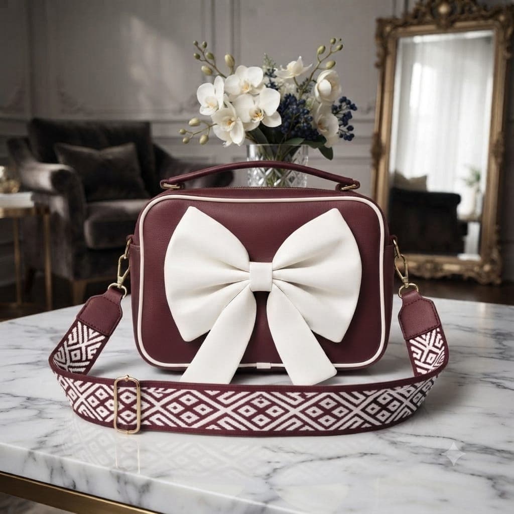 Chic Big Bow Crossbody Bag – Designer PU Leather Handbag with Patterned Strap