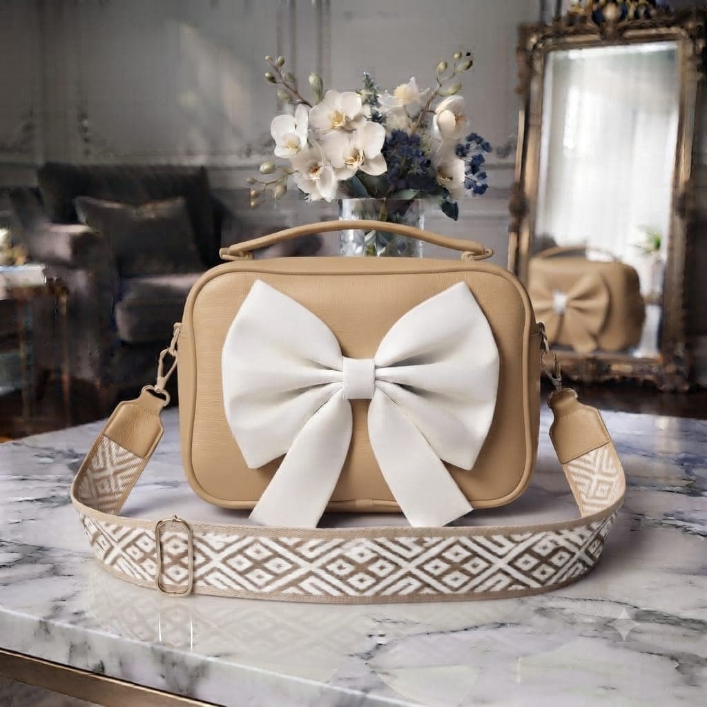 Chic Big Bow Crossbody Bag – Designer PU Leather Handbag with Patterned Strap