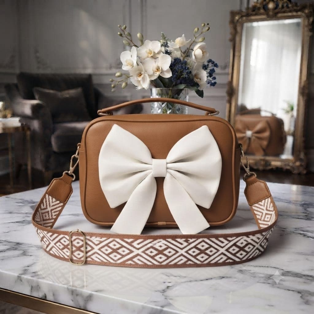 Chic Big Bow Crossbody Bag – Designer PU Leather Handbag with Patterned Strap