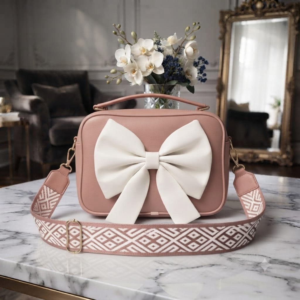 Chic Big Bow Crossbody Bag – Designer PU Leather Handbag with Patterned Strap
