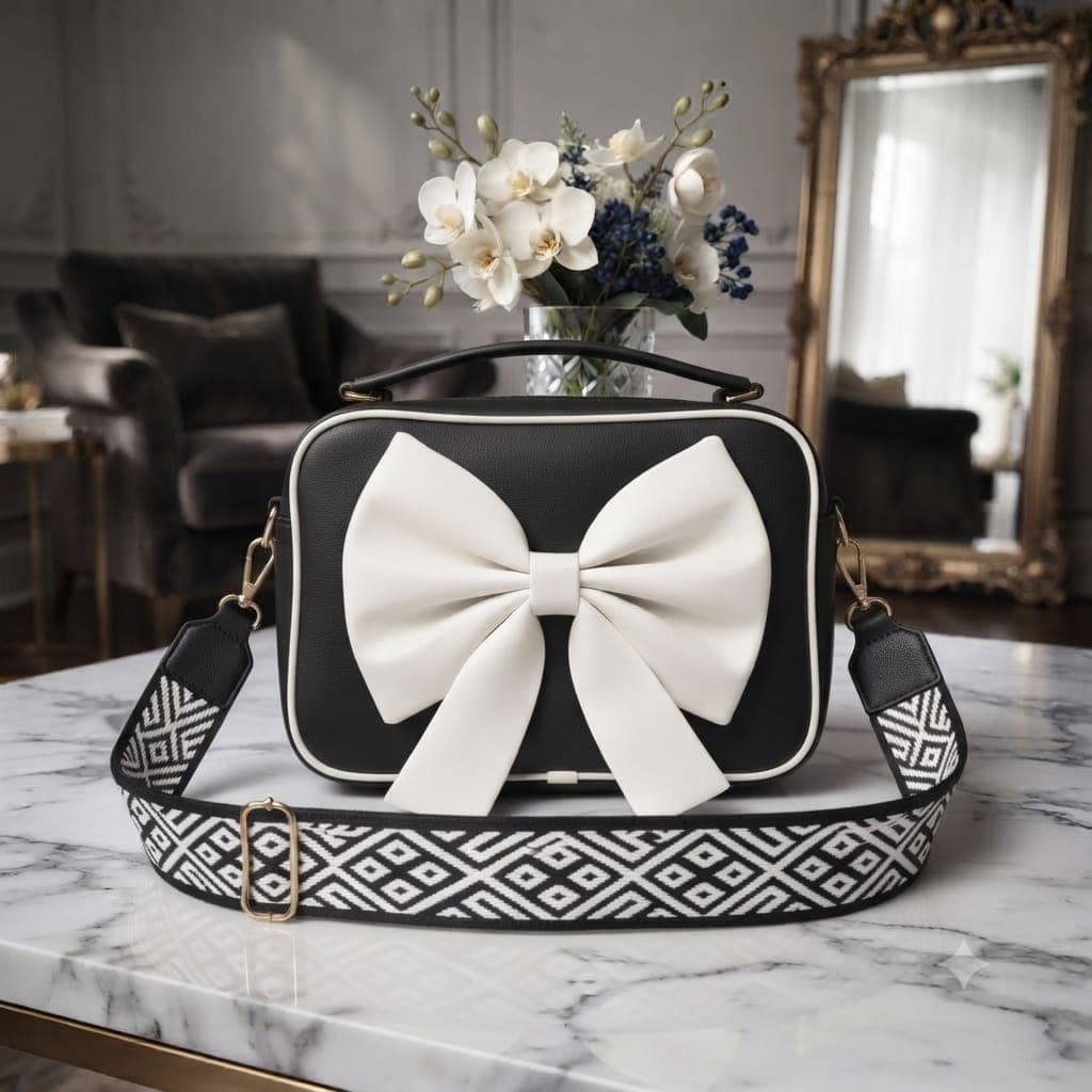 Chic Big Bow Crossbody Bag – Designer PU Leather Handbag with Patterned Strap