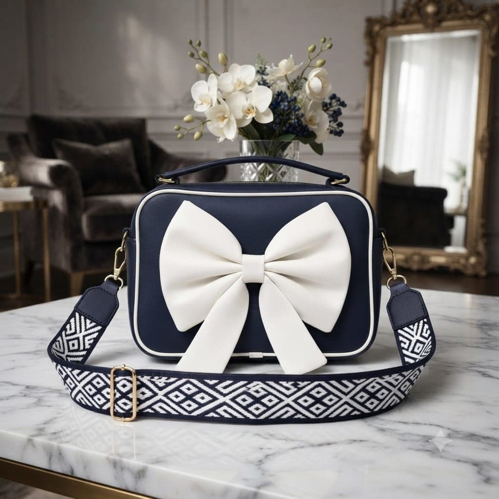 Chic Big Bow Crossbody Bag – Designer PU Leather Handbag with Patterned Strap
