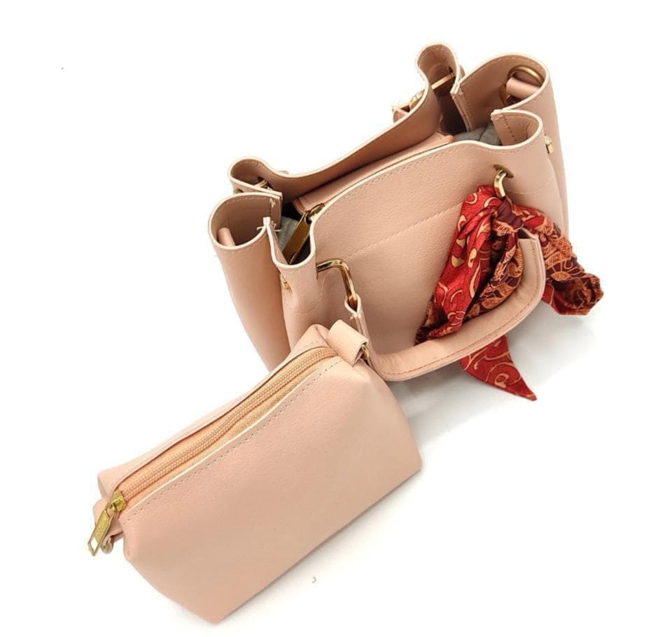 Stylish Women's PU Leather Hand Bag Set - 2 Pcs in Pink