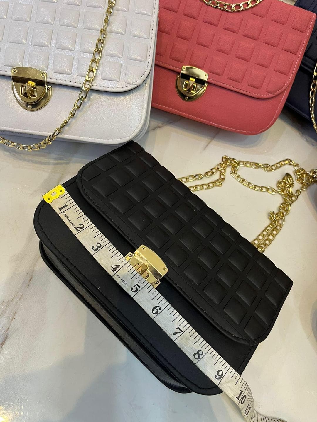 Girls Textured Crossbody Bag with Golden Chain - Medium Rexine Leather Purse in multi Colors