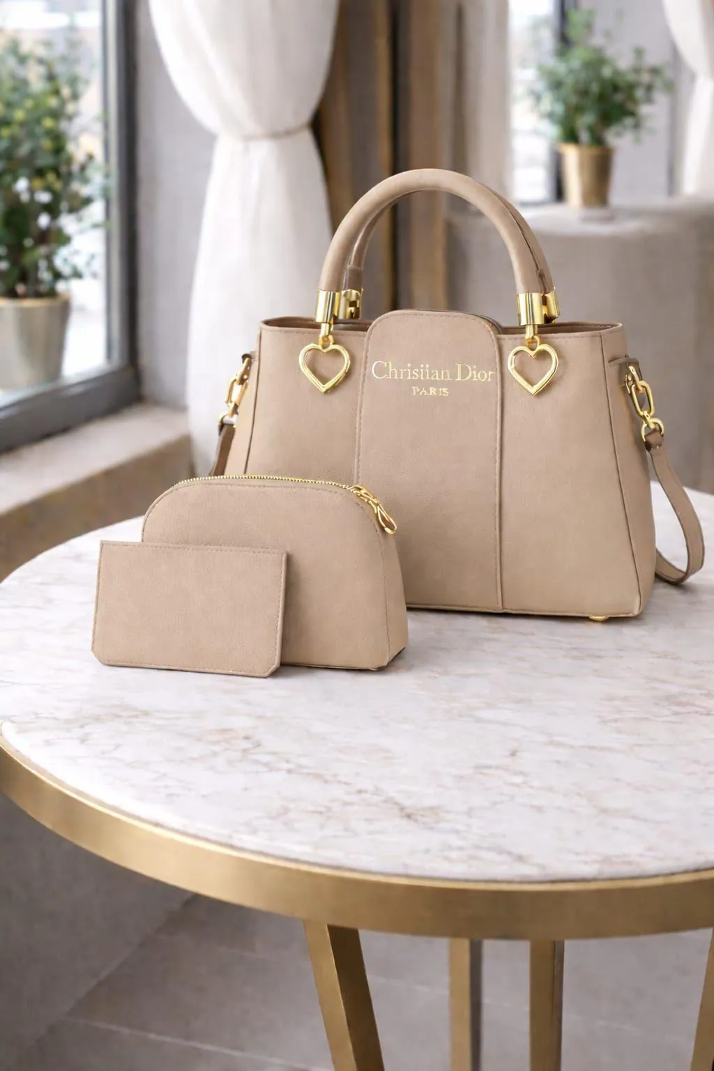 Beige Leather Handbag Set for Women – 3 Pcs with Top Handle
