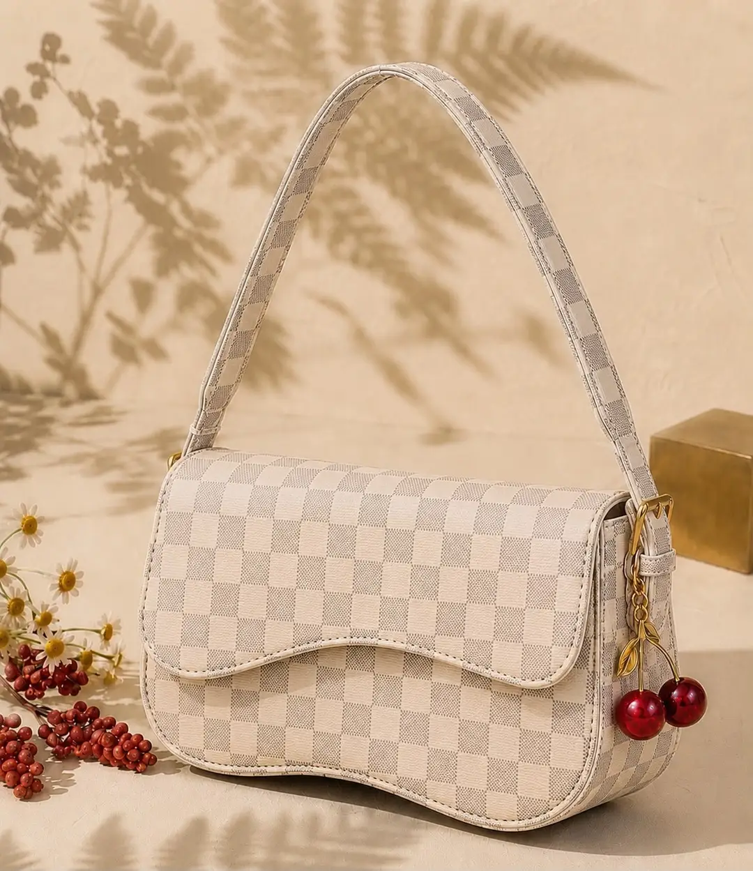 Cherry Check Crossbody Bag with Cherry Keychain – Multicolor