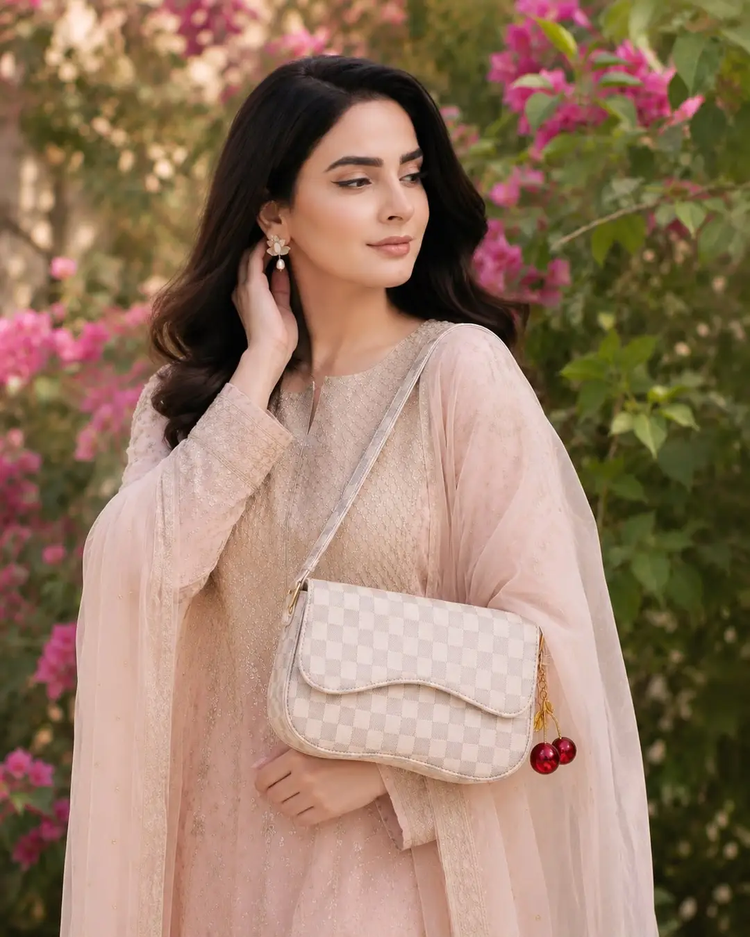 Cherry Check Crossbody Bag with Cherry Keychain – Multicolor
