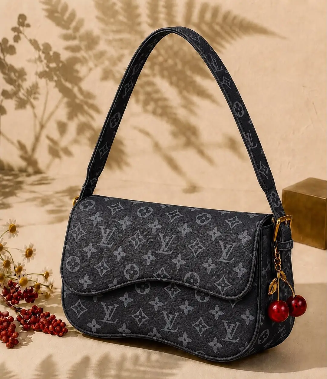 Cherry Check Crossbody Bag with Cherry Keychain – Multicolor