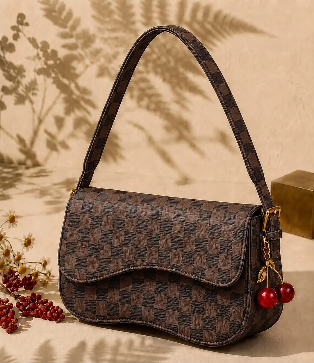 Cherry Check Crossbody Bag with Cherry Keychain – Multicolor