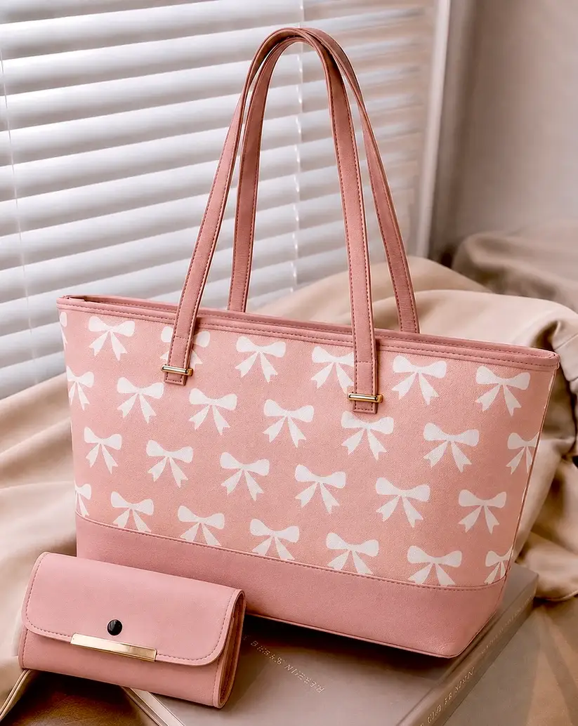 Flendy Canvas Printed Girls Hand Bag – Pink Bow Tote with Wallet