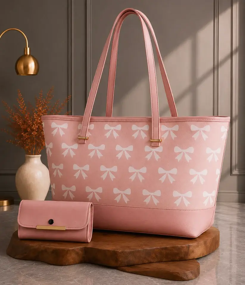 Flendy Canvas Printed Girls Hand Bag – Pink Bow Tote with Wallet