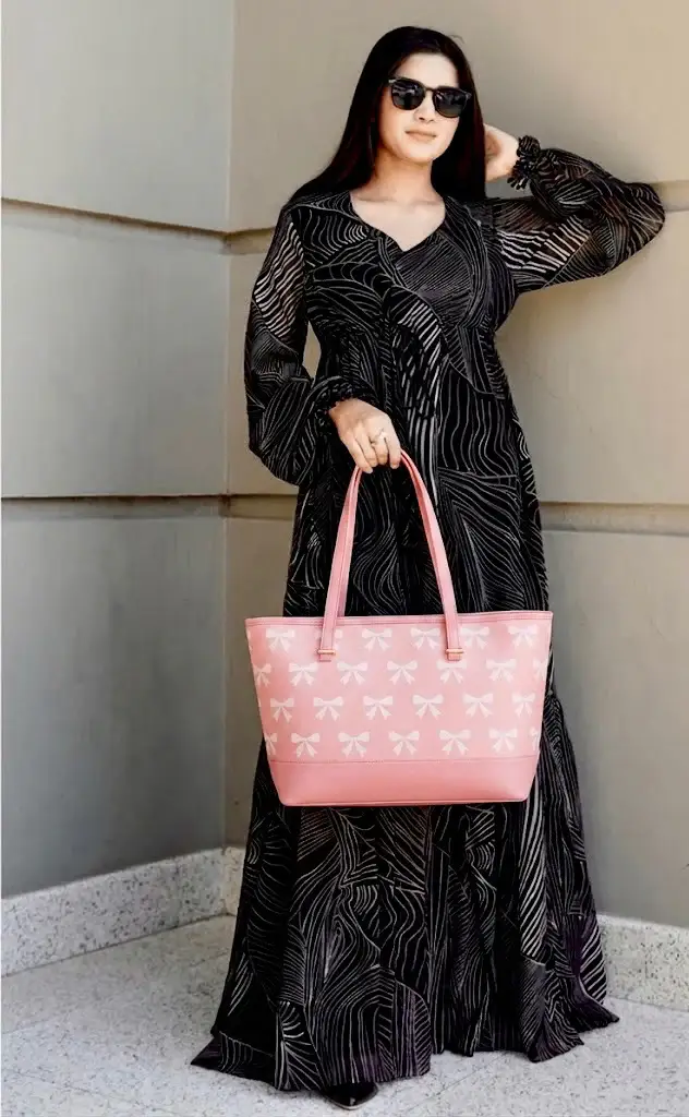 Flendy Canvas Printed Girls Hand Bag – Pink Bow Tote with Wallet