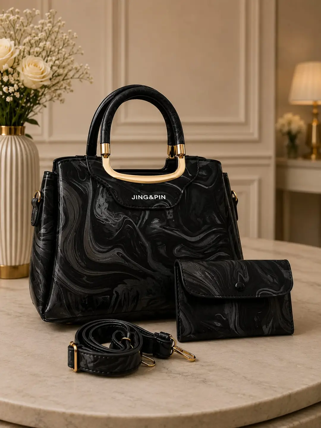 Girl's Leather Textured Hand Bag – 2 Pcs Top Handle | COD Pakistan
