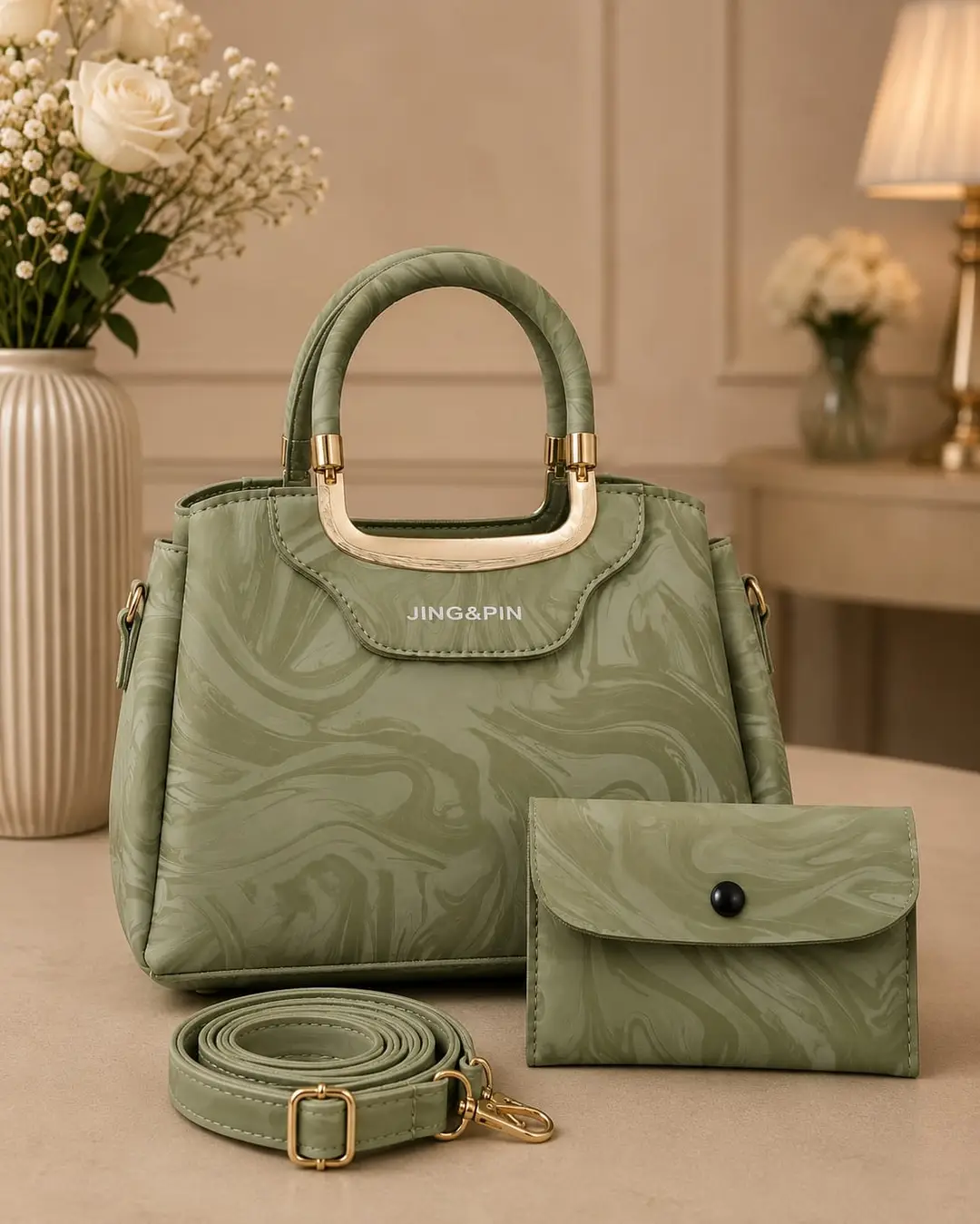 Girl's Leather Textured Hand Bag – 2 Pcs Top Handle | COD Pakistan