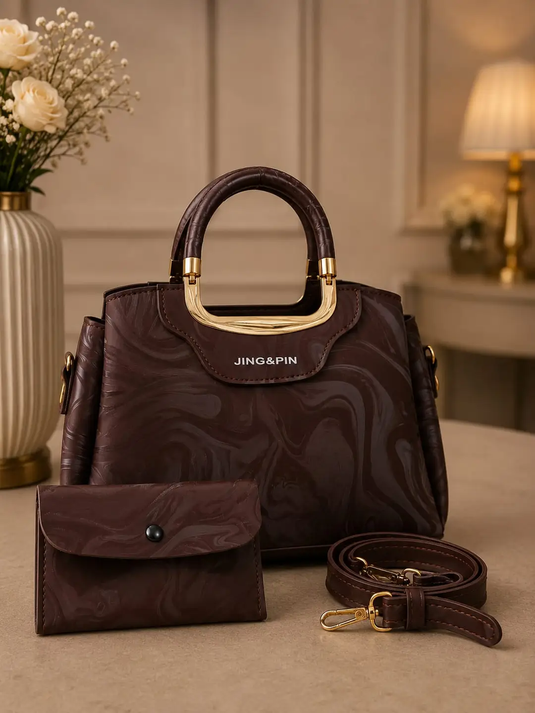 Girl's Leather Textured Hand Bag – 2 Pcs Top Handle | COD Pakistan