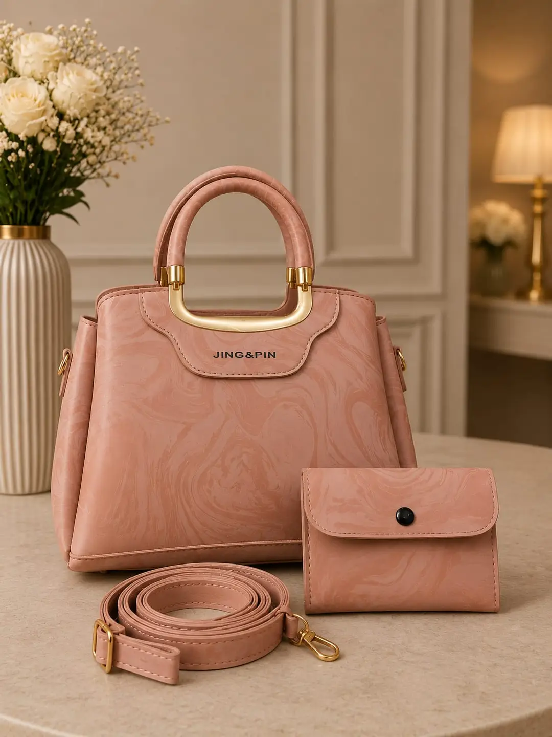 Girl's Leather Textured Hand Bag – 2 Pcs Top Handle | COD Pakistan