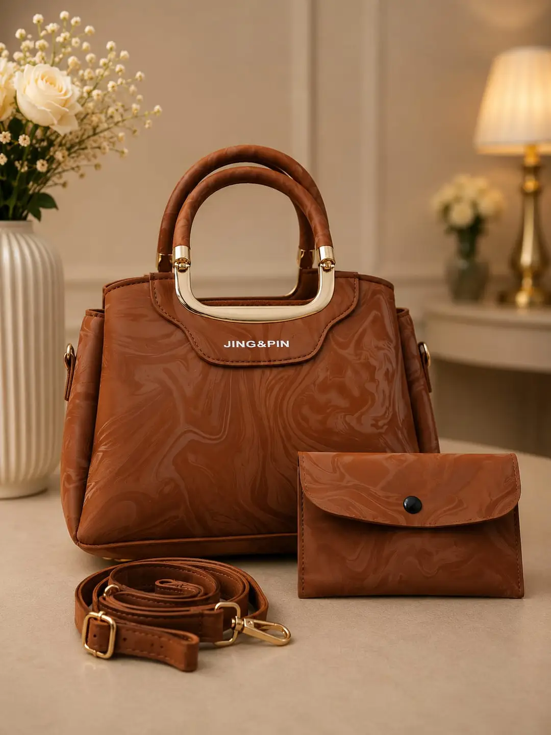 Girl's Leather Textured Hand Bag – 2 Pcs Top Handle | COD Pakistan
